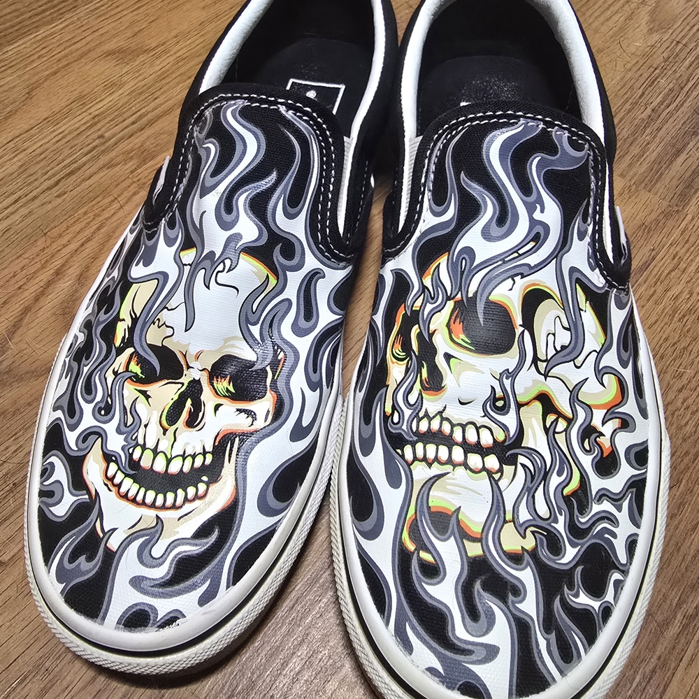 Vans Black & White Slip-On Skull Flame Graphic Shoes
